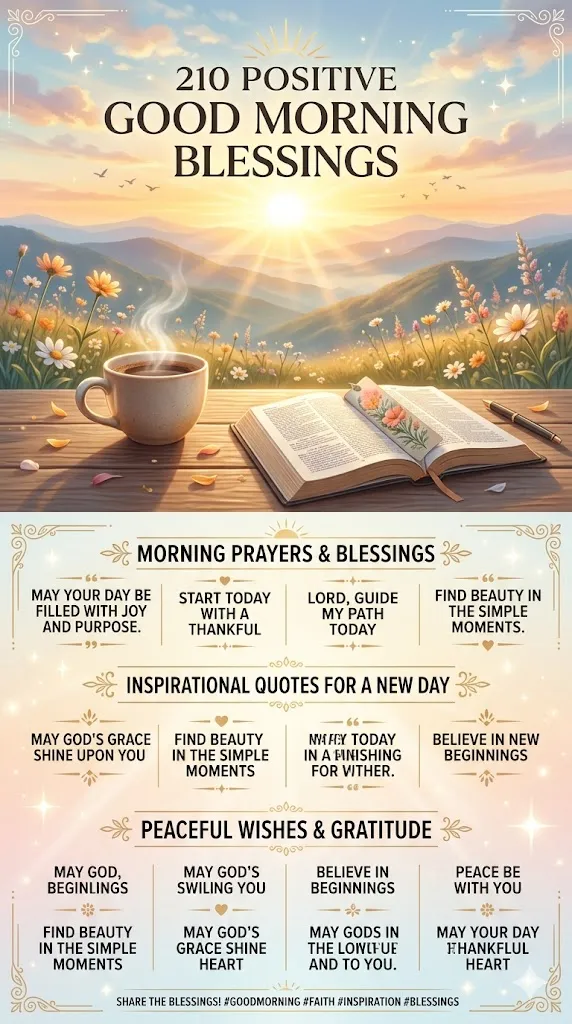 210 positive good morning blessings infographic with sunrise, flowers, coffee cup, uplifting prayers, inspirational quotes, and peaceful morning wishes.