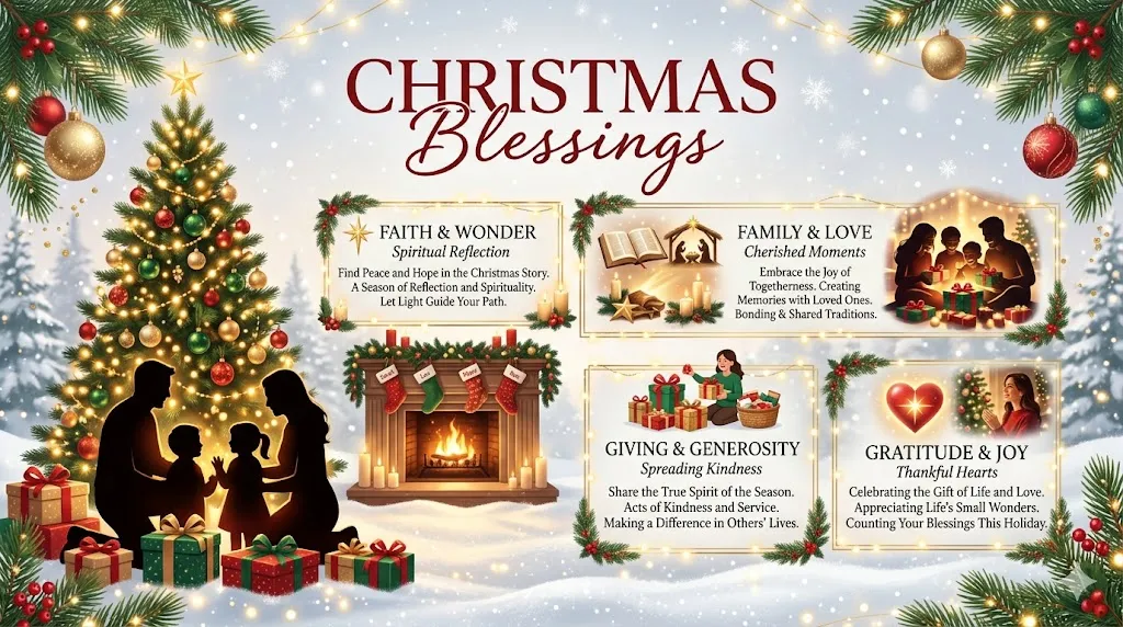 Beautiful Christmas Blessings infographic with festive holiday decorations, glowing Christmas tree, winter snow, candles, ornaments, and heartwarming seasonal wishes.