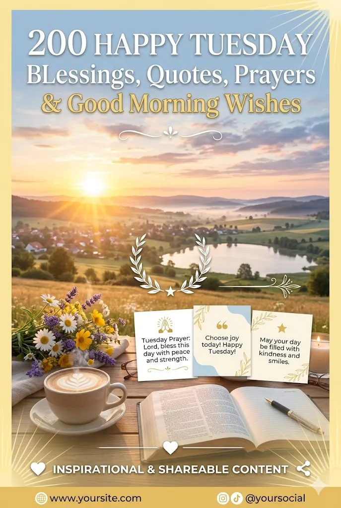 Beautiful Happy Tuesday blessings infographic with uplifting quotes, prayers, sunrise background, flowers, and positive good morning wishes.