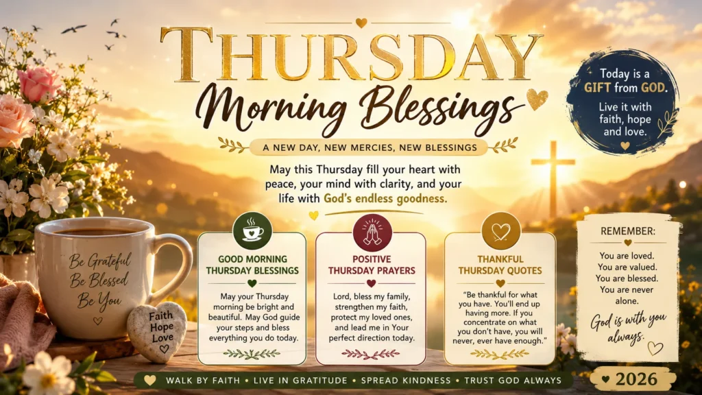 Beautiful Thursday Morning Blessings infographic featuring sunrise light, inspirational quotes, thankful prayers, flowers, and peaceful good morning wishes.