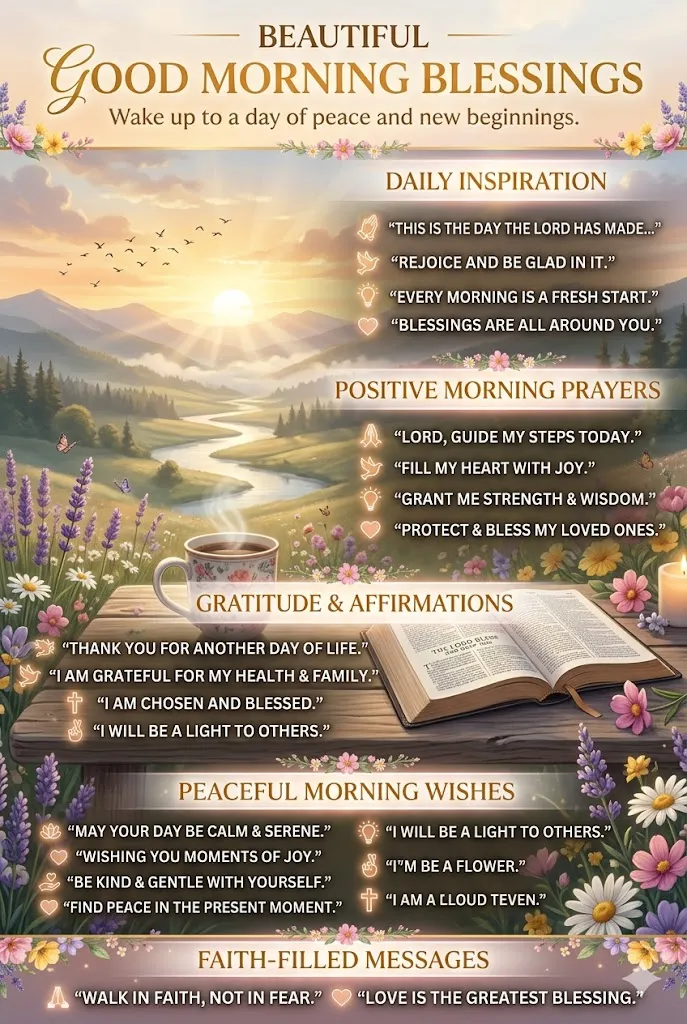 Beautiful good morning blessings infographic with sunrise, flowers, coffee cup, inspirational prayers, positive quotes, and peaceful morning wishes.