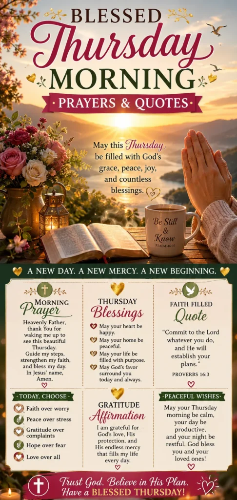 Beautiful blessed Thursday morning prayers quotes infographic featuring sunrise light, praying hands, Bible, flowers, coffee cup, and inspirational spiritual blessings.
