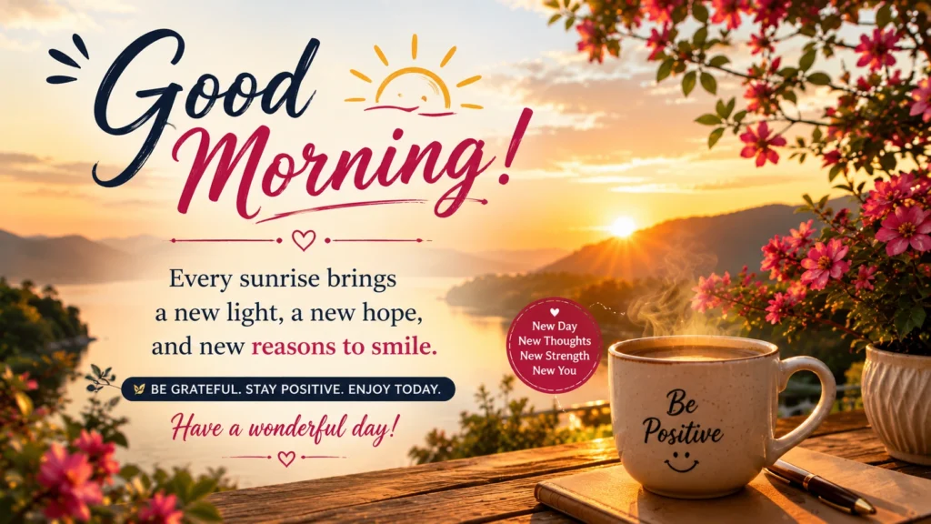 Inspirational good morning quotes image featuring a golden sunrise, mountain lake view, flowers, and a smiling coffee mug with motivational text.
