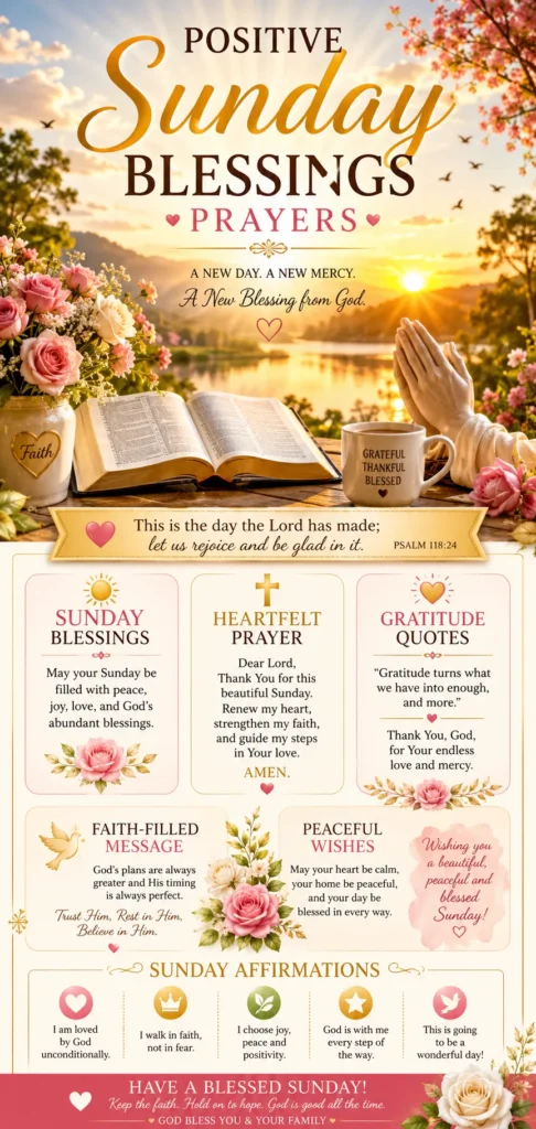 Positive Sunday blessings prayers infographic with sunrise, flowers, praying hands, Bible, inspirational quotes, and peaceful Sunday morning wishes.
