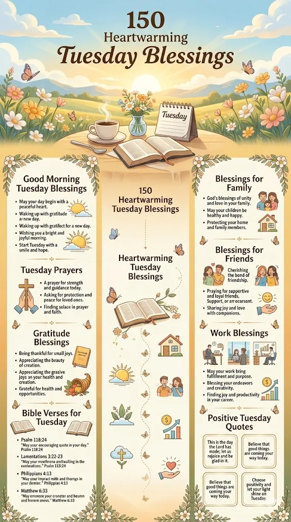 150 Heartwarming Tuesday Blessings infographic featuring inspirational Tuesday prayers, Bible verses, gratitude messages, good morning blessings, and positive wishes for family, friends, and work.