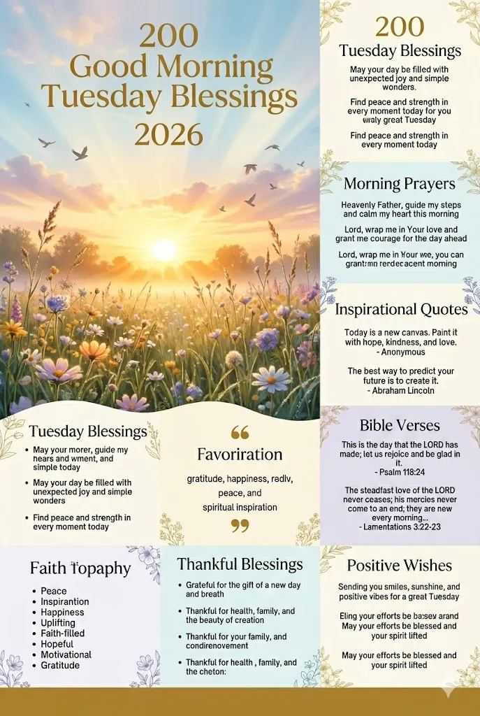 200 Good Morning Tuesday Blessings 2026 infographic featuring a sunrise, flowers, inspirational prayers, Bible verses, positive quotes, and uplifting Tuesday morning wishes.