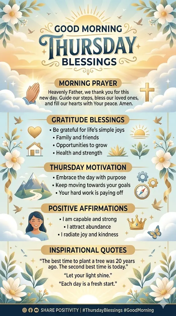 Good Morning Thursday Blessings infographic featuring sunrise scenery, inspirational blessings, prayers, gratitude messages, positive affirmations, and motivational Thursday quotes.