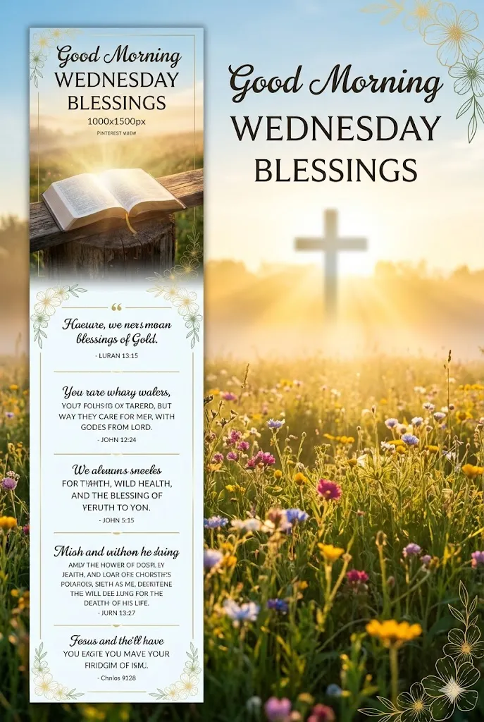 Good Morning Wednesday Blessings infographic featuring inspirational prayers, faith-filled quotes, sunrise scenery, and uplifting Wednesday wishes.