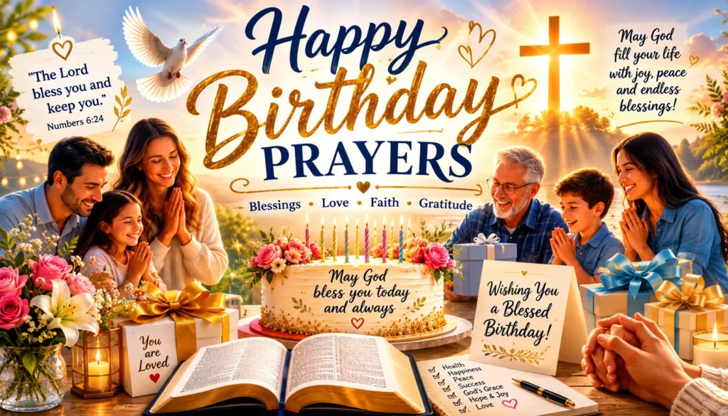 Happy Birthday Prayers infographic featuring birthday cake, Bible, praying hands, flowers, blessings, and faith-filled birthday wishes for loved ones.