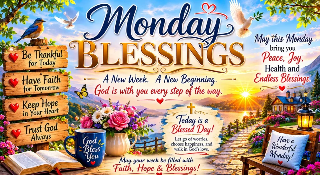 Monday Blessings infographic featuring inspiring prayers, positive quotes, good morning wishes, faith-filled messages, and motivational blessings for a happy and successful week.