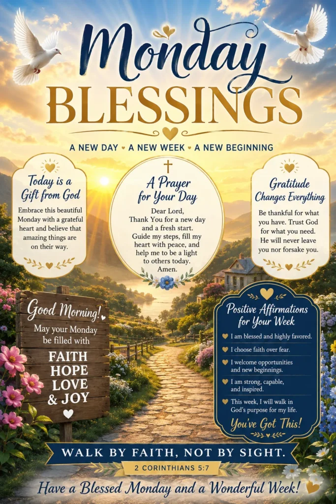 Monday Blessings infographic featuring inspiring prayers, positive quotes, good morning wishes, faith-filled messages, and motivational blessings for a happy and successful week.