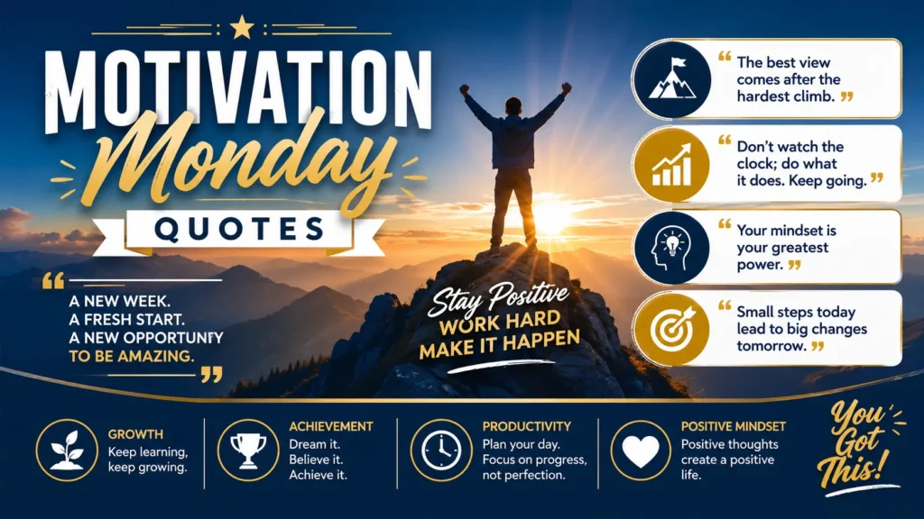 Motivation Monday Quotes infographic featuring inspiring sayings, sunrise scenery, and success-themed visuals to encourage positivity, productivity, and a strong start to the week.