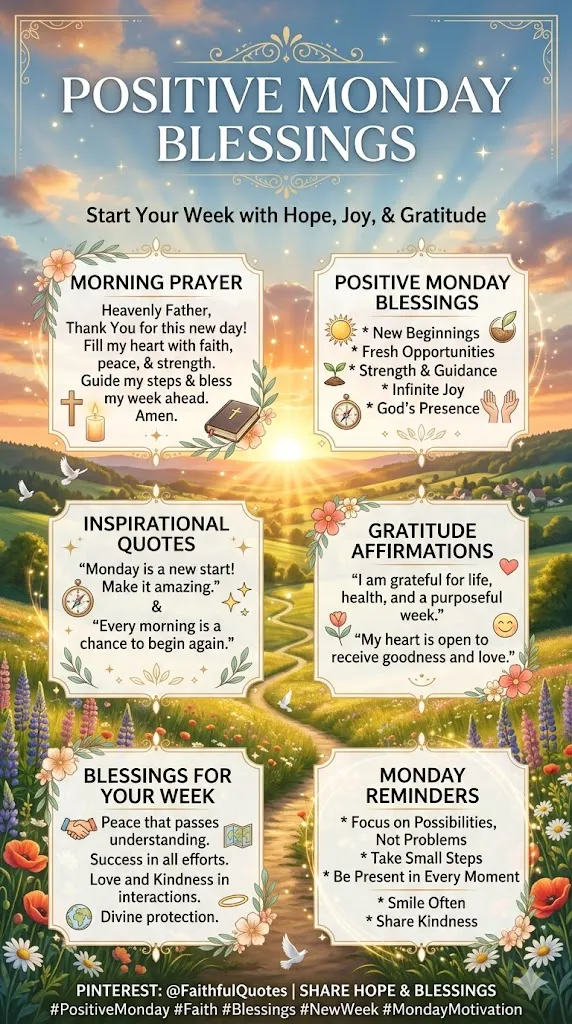 Positive Monday Blessings infographic featuring a beautiful sunrise, inspirational blessings, faith-filled prayers, gratitude quotes, and uplifting messages for a positive and successful week.