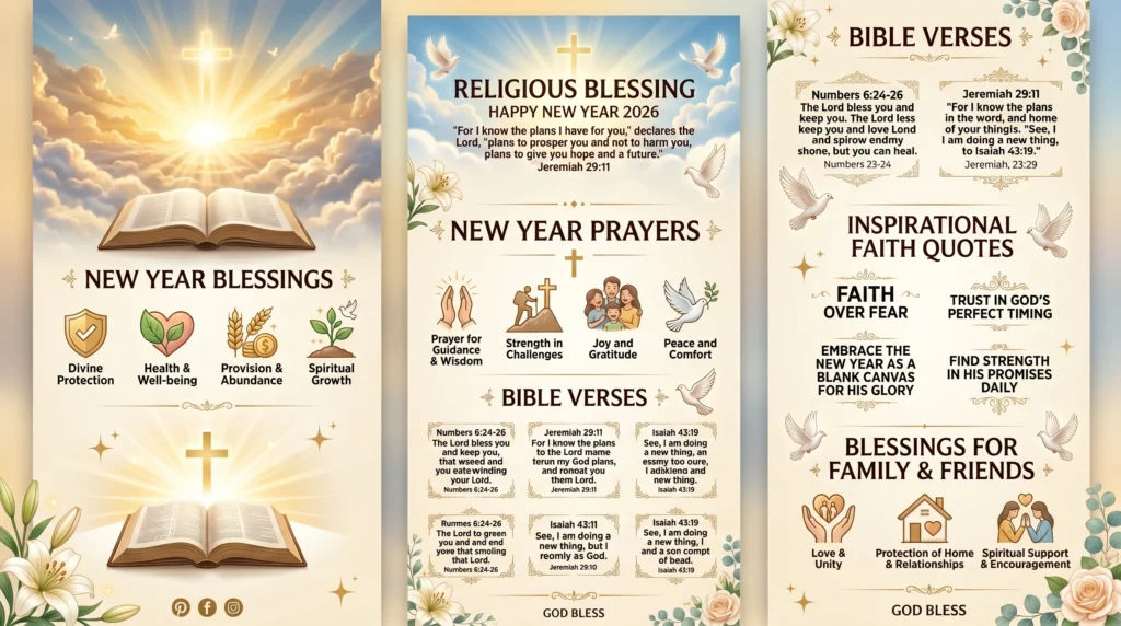 Religious Blessing Happy New Year 2026 infographic featuring Christian prayers, Bible verses, faith-filled blessings, golden sunrise, cross, and inspirational New Year wishes.