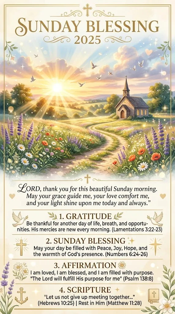 Sunday Blessing 2025 infographic featuring a beautiful sunrise, inspiring Christian blessings, prayers, faith-filled quotes, and a peaceful spiritual landscape.