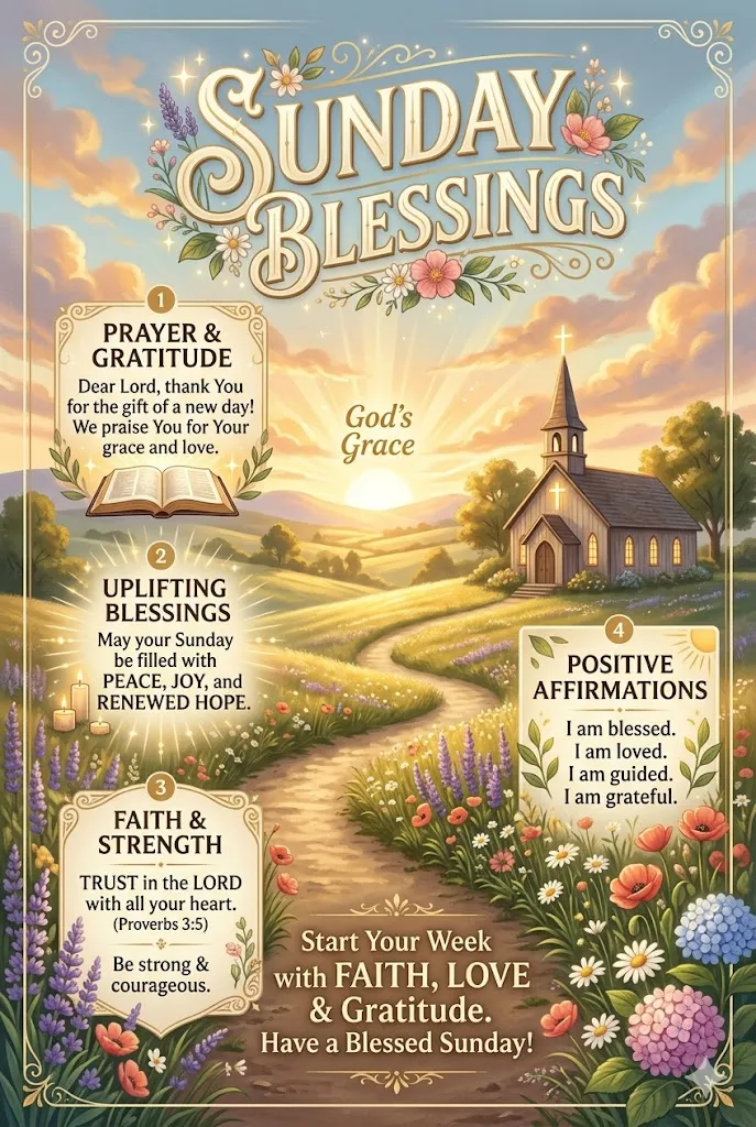 Sunday Blessings infographic featuring a peaceful sunrise, inspirational prayers, faith-filled quotes, gratitude messages, and good morning wishes for a blessed week.