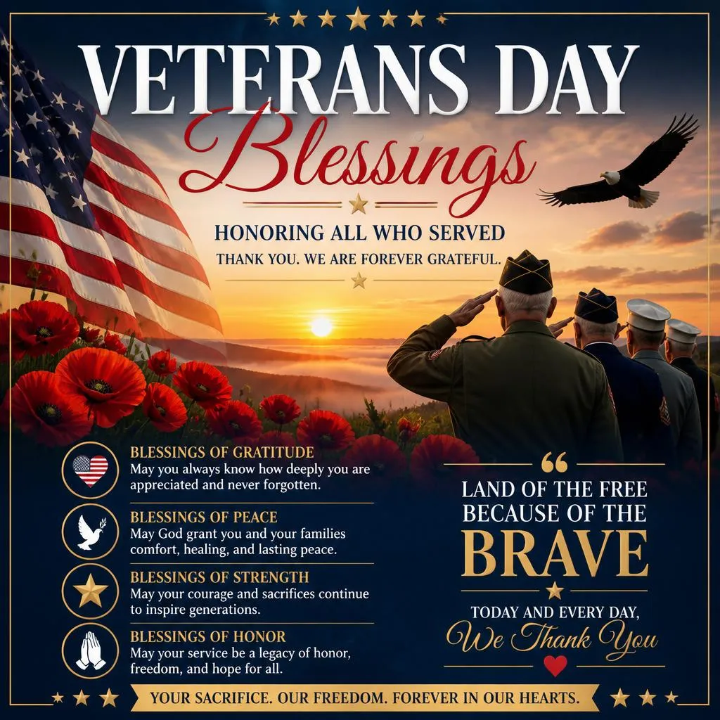 Veterans Day Blessings infographic featuring American flags, veterans, patriotic symbols, gratitude messages, and inspirational prayers honoring military service.