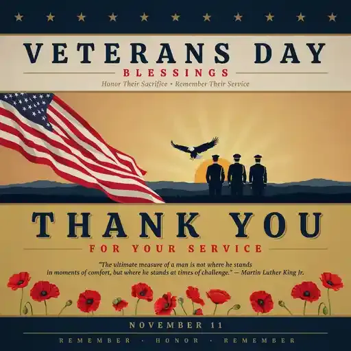 Veterans Day Blessings infographic featuring American flags, veterans, patriotic symbols, gratitude messages, and inspirational prayers honoring military service.